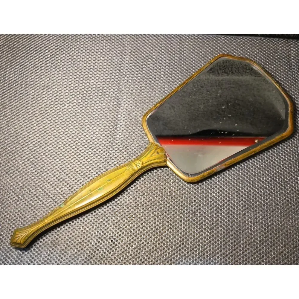 vntg hand mirror distinct tortoise-shell pattern with gold speckles brass...